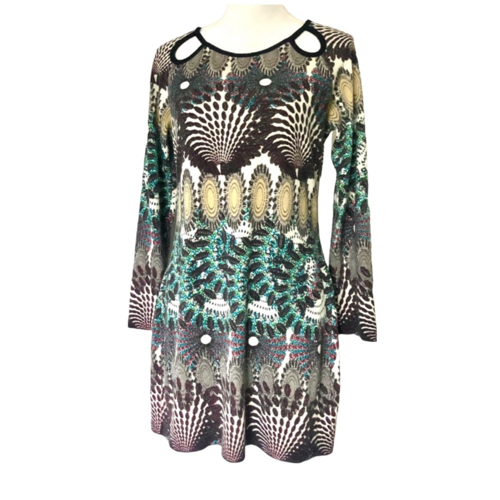 Aryeh Cream Brown Green Yellow Print Sweater Dress Anthropologie Keyhole Neck M